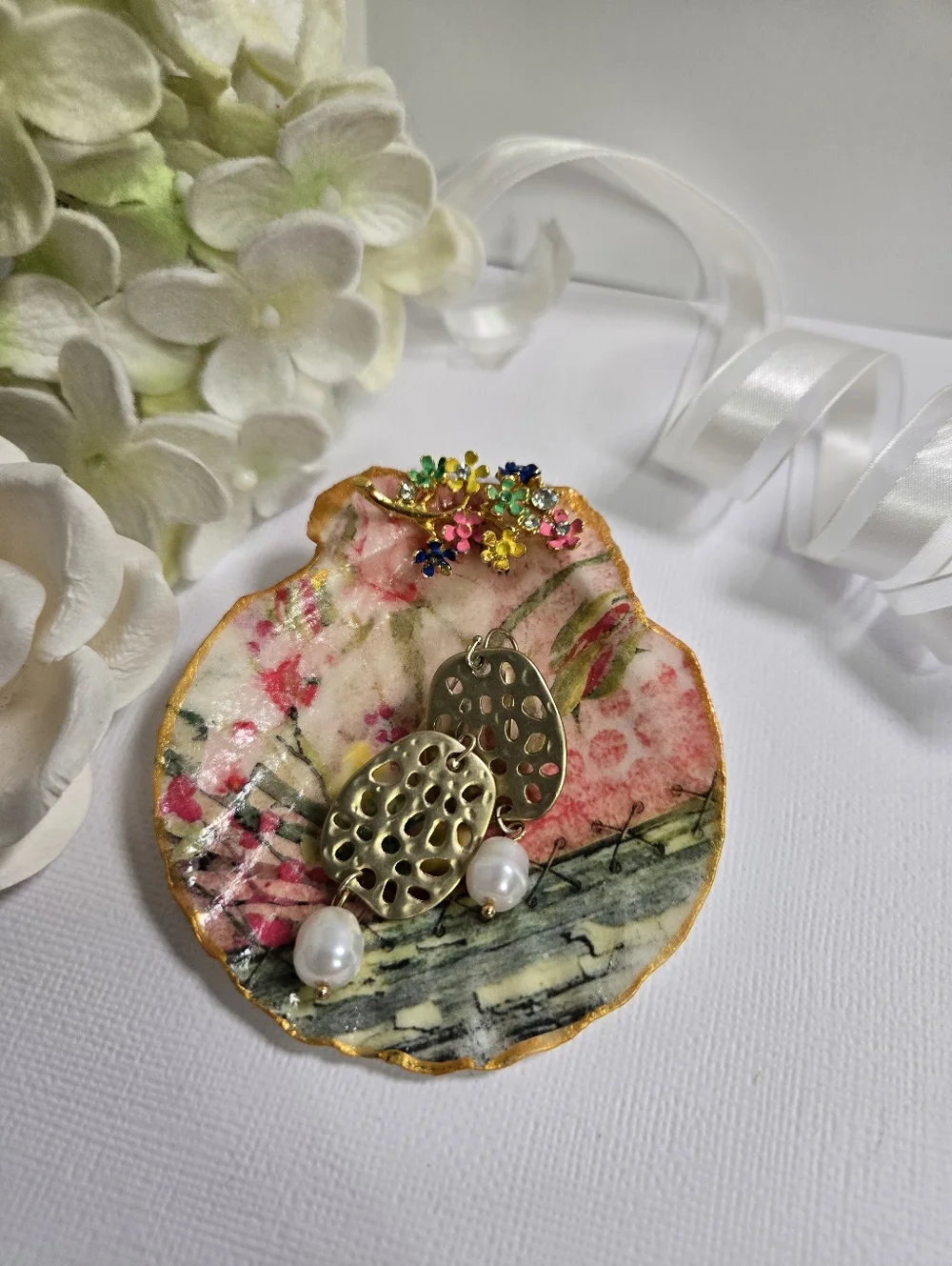 Hand Gilded Upcycled Jewelry Art Decoupage Shell Trinket Dish - Micro Florals